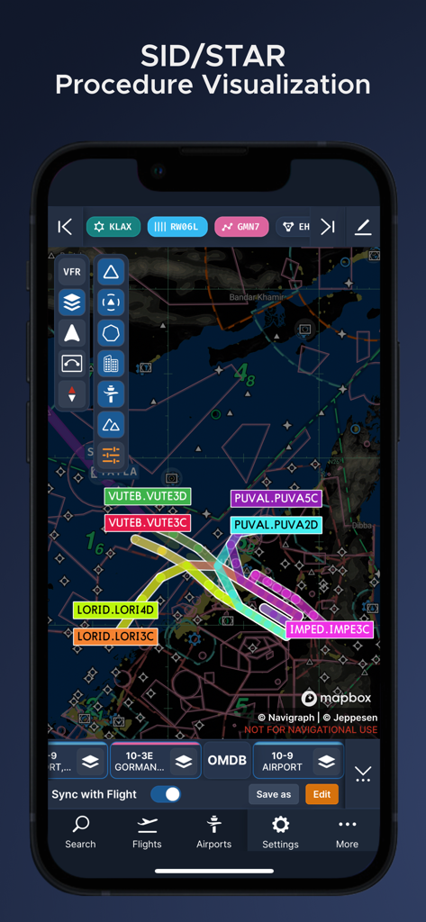 Navigraph Charts - Navigraph Chartsモバイルアプリが、デジタル航空マップ上にSIDおよびSTARフライト手順の視覚化を表示しています。