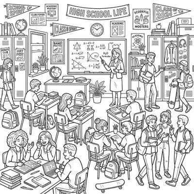 Capture the energy of a typical high school day with this dynamic coloring page featuring students, teachers, and school activities. It's a fantastic way to relive your school memories or imagine new ones, perfect for teens and adults alike.