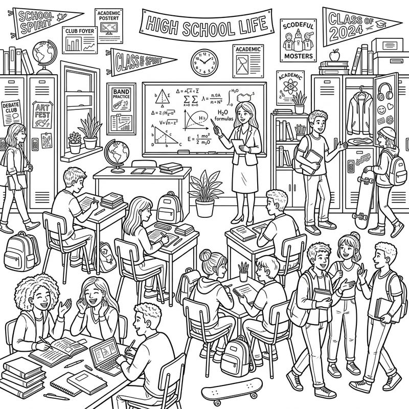 Capture the energy of a typical high school day with this dynamic coloring page featuring students, teachers, and school activities. It's a fantastic way to relive your school memories or imagine new ones, perfect for teens and adults alike.