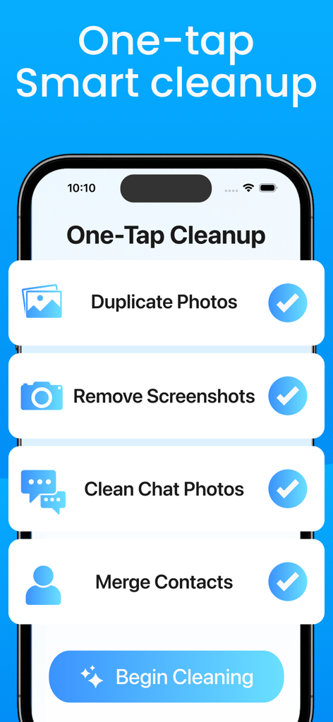 Cleanup Pro mobile app interface featuring the one tap smart cleanup tool for storage management
