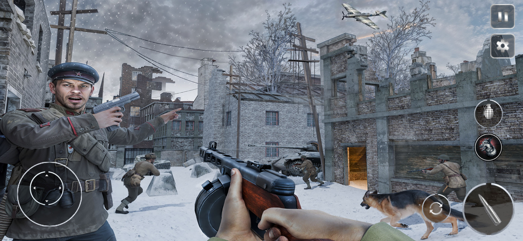First person shooter gameplay from World War 2 Call of Courage showing soldiers and a dog in a snowy urban battle.