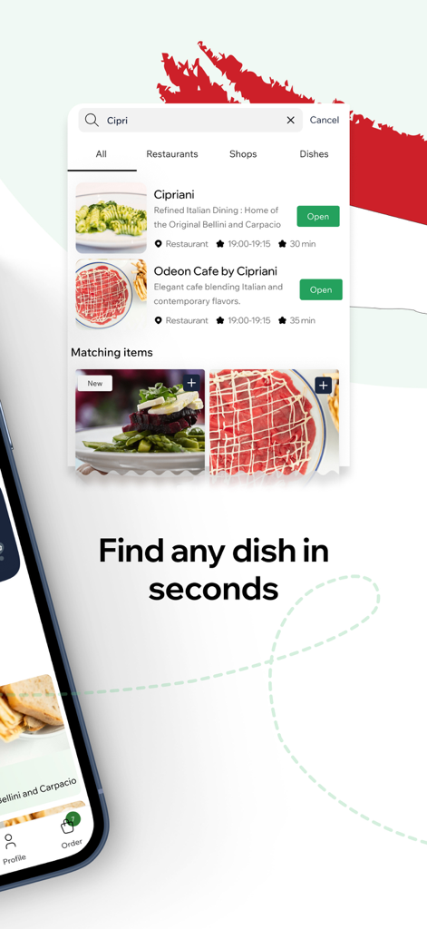 Search screen of the Mr Room Service app showing gourmet restaurant listings like Cipriani in Monaco