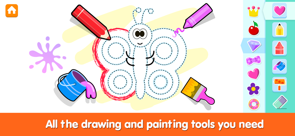 A butterfly tracing activity in a kids coloring app showing various drawing tools like pencils crayons and paint buckets.