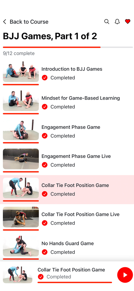 BJJ Master App by Grapplearts - Mobile app interface showing a list of completed BJJ training modules and video lessons