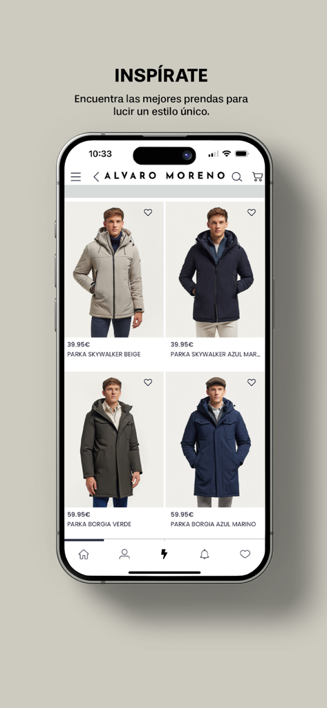Alvaro Moreno - Alvaro Moreno mobile app screen showing a catalog of men's parkas in different colors