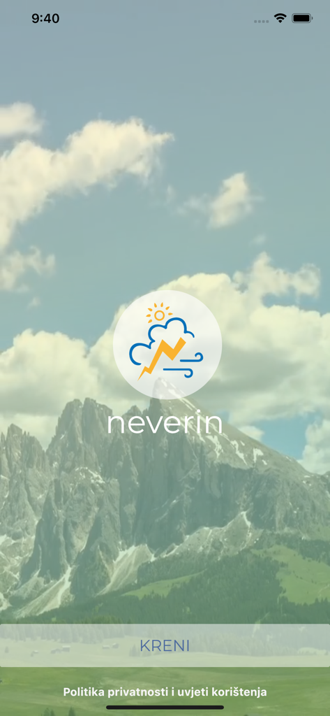 Neverin - Splash screen of the Neverin weather app featuring a mountain landscape background and the app logo.