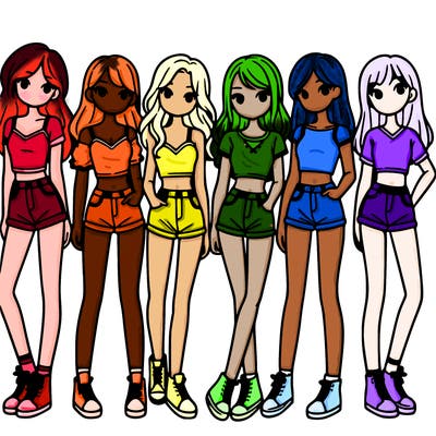 a group of girls wearing crop tops and shorts