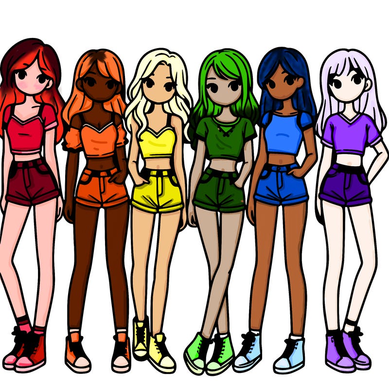 a group of girls wearing crop tops and shorts