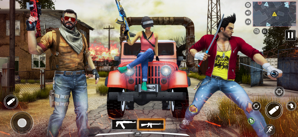 Three action commando characters with tactical weapons standing near a red jeep in a battleground arena.