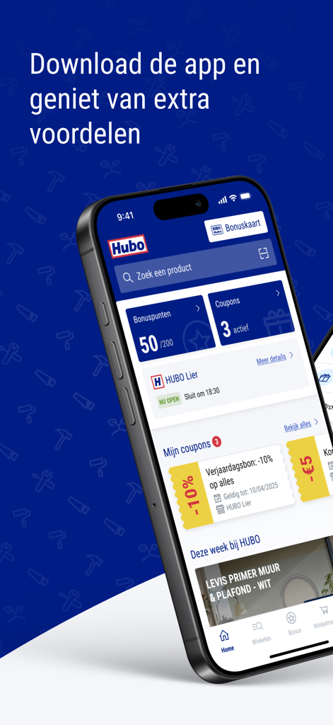Hubo - Smartphone screen displaying the Hubo hardware store app showing loyalty points and discount coupons