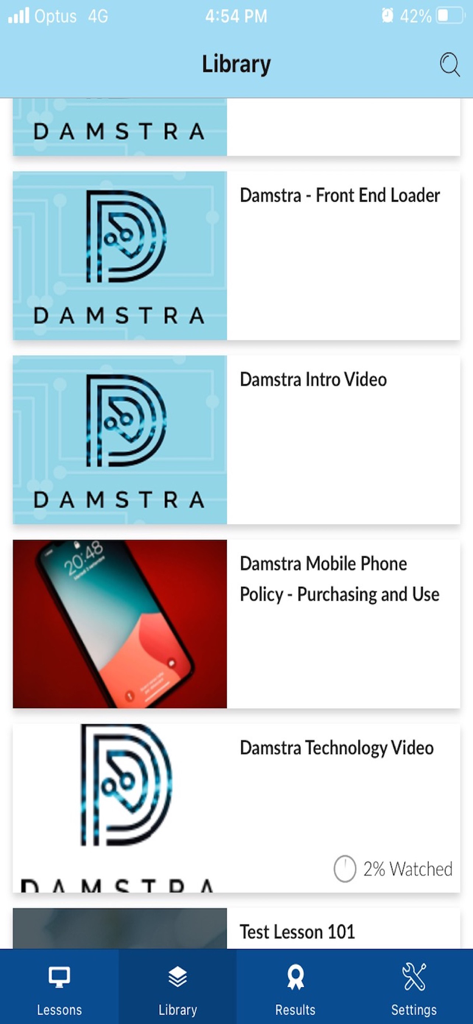 Damstra Learn - Learner - Damstra Learn mobile app library screen showing assigned video training modules.