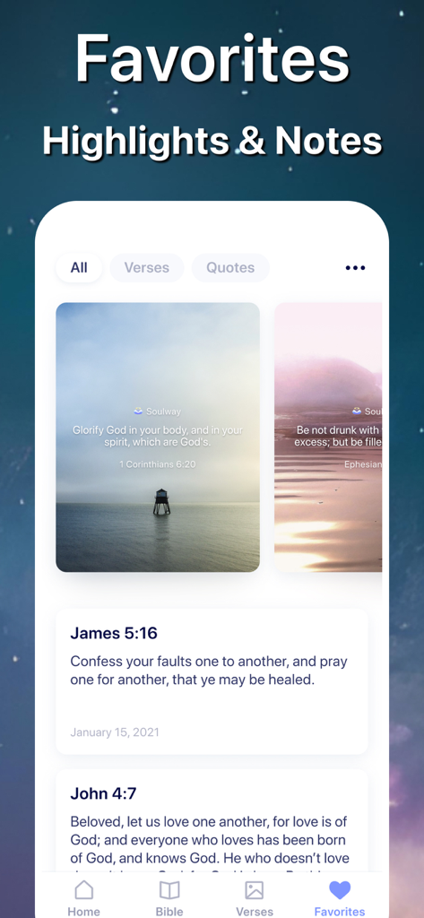 Soulway - Daily Bible Verse - Interface of Soulway app displaying saved bible verses and notes with aesthetic backgrounds