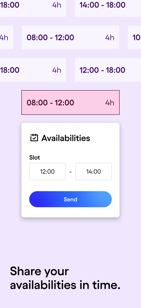Interface mobile permettant aux employés de définir et d'envoyer leurs disponibilités de travail