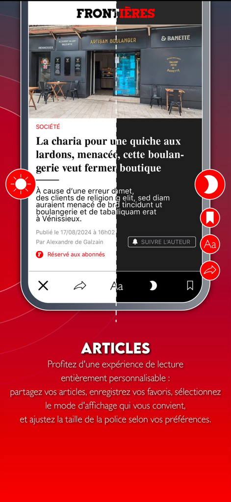 Frontières Média - Frontieres Media app article screen showing light and dark mode side by side with text customization options