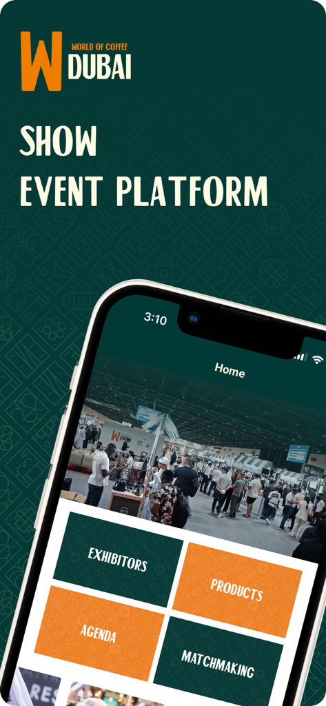 World Of Coffee Dubai 2026 - World of Coffee Dubai 2026アプリのホーム画面が表示されたスマートフォン。出展者やマッチングのナビゲーションボタンがあります。