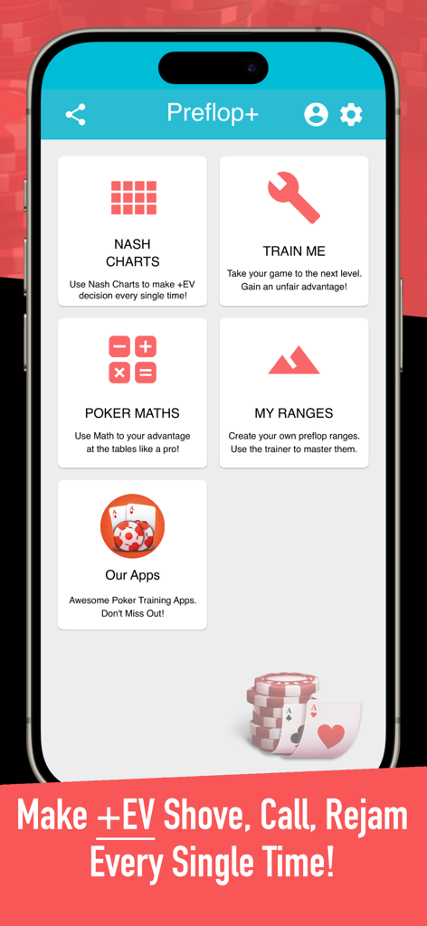 Preflop+ Poker GTO Nash Charts - Preflop plus poker app home screen showing Nash charts and training modules