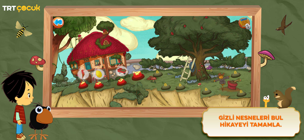 TRT Ege ile Gaga - 숨겨진 물건들이 있는 정원을 보여주는 TRT Ege ile Gaga 모바일 게임 화면