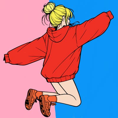 realistic girl jumping with a bun and oversized sweatshirt