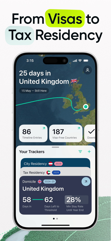 Flamingo app dashboard showing tax residency and domicile trackers for the United Kingdom