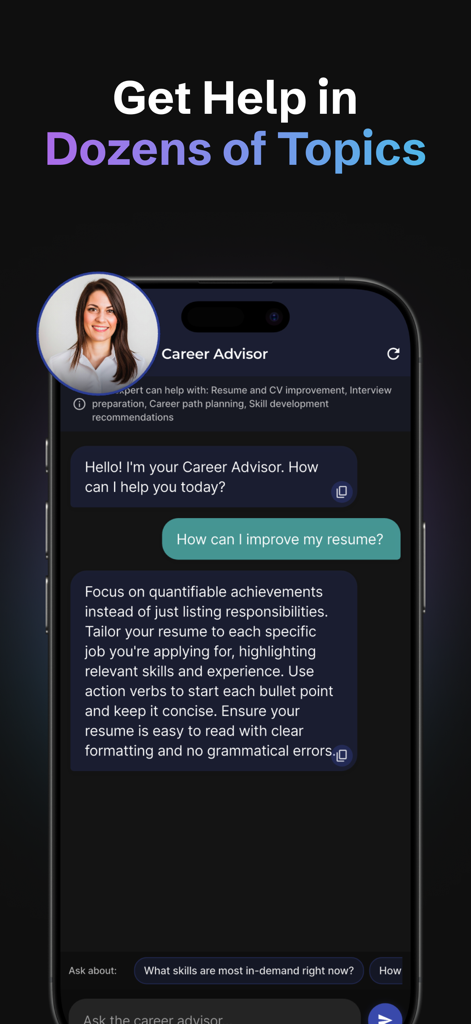 Mosa AI: Chatbot Assistant - Mosa AI app showing a chat with a career advisor expert about resume improvement