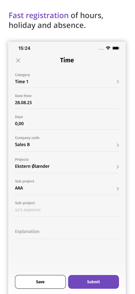 Acubiz - Pantalla de la aplicación móvil Acubiz para el registro rápido de horas de trabajo, vacaciones y ausencias