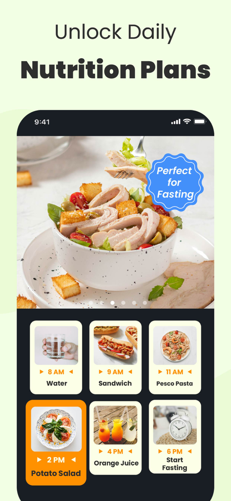 Interface de l'application Fastin affichant un plan nutritionnel quotidien avec des horaires de repas et des périodes de jeûne