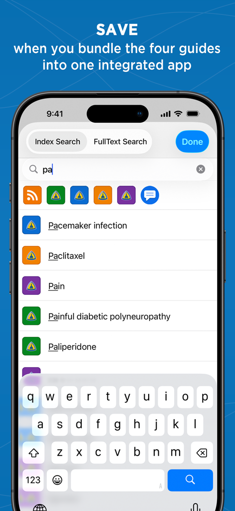 Johns Hopkins Antibiotic Guide - The search interface of the Johns Hopkins Guides app showing medical search results for conditions and medications like pacemaker infection and paclitaxel.