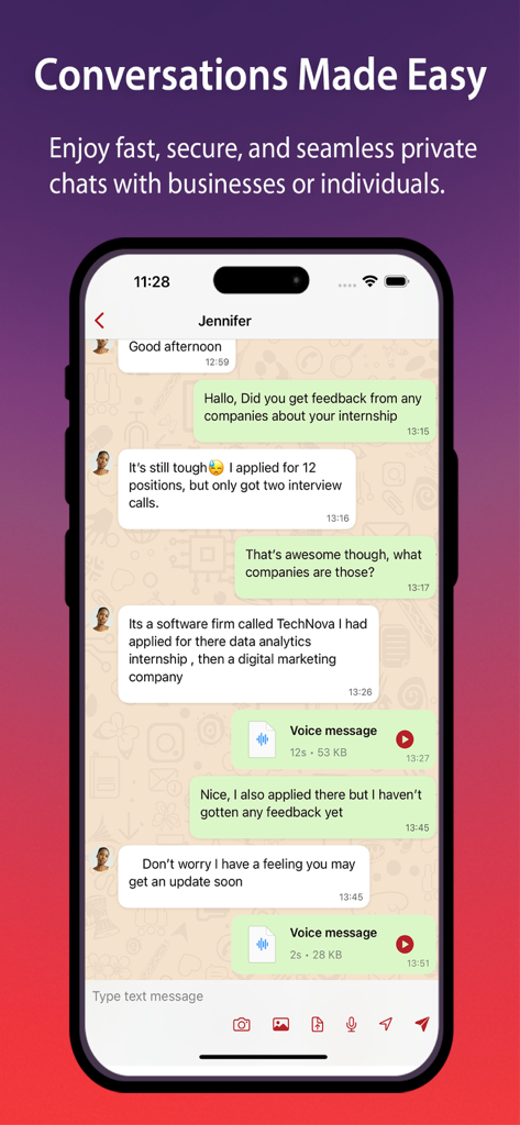 Arena Chat - Arena Chat mobile app interface showing a secure private conversation with text and voice messages