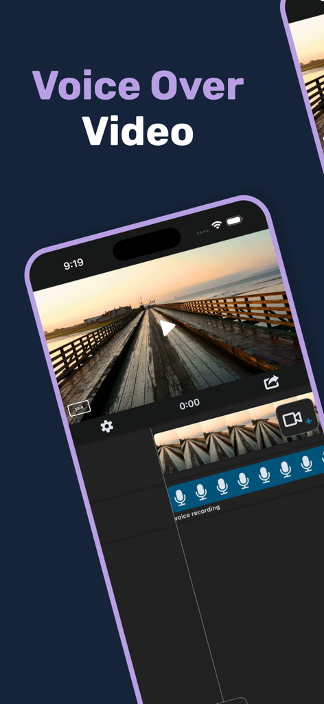 Smartphone screen showing the Voice Over Video app interface with video and audio tracks for editing narration