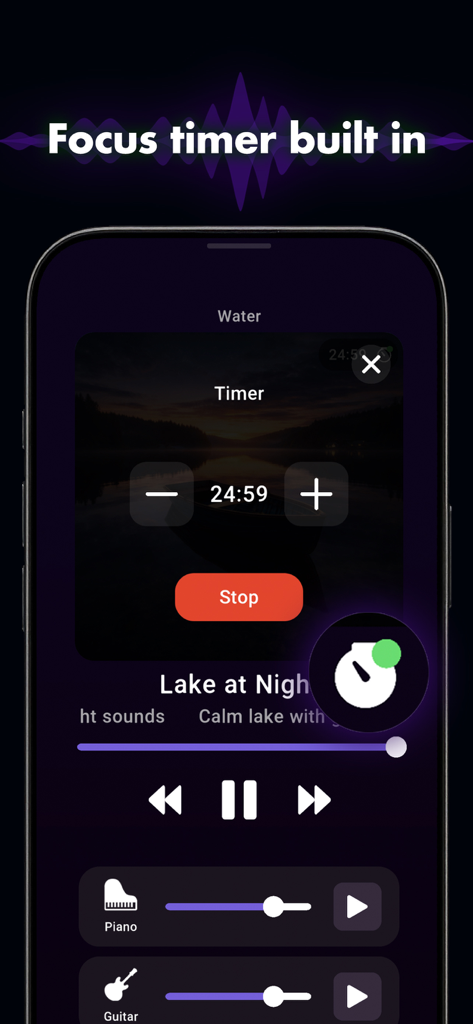 Smartphone screen showing the built-in focus timer feature in the Study Ambience app.