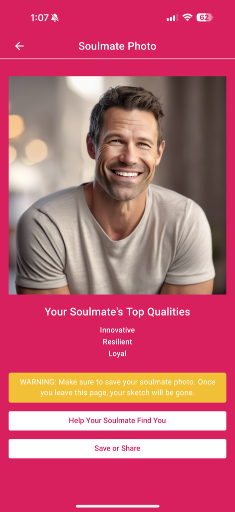Soulmate Sketch - Captura de pantalla de la aplicación Boceto de Alma Gemela que muestra una foto generada de un hombre sonriente con rasgos de personalidad como Innovador y Resiliente