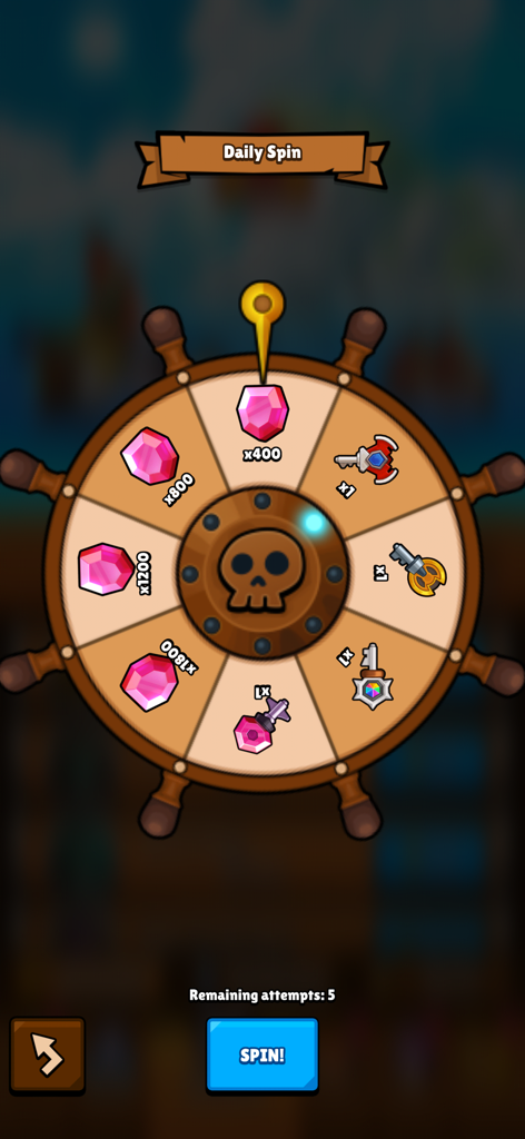 Bounty Bash - Daily spin wheel with gems and keys rewards in the Bounty Bash idle pirate RPG.