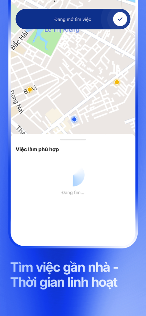 A mobile app screen showing a map interface for finding local jobs with flexible hours.