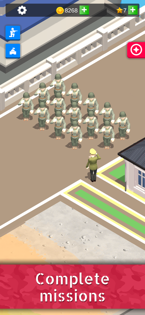 A group of soldiers saluting a commanding officer on an army base parade ground with a mission prompt.