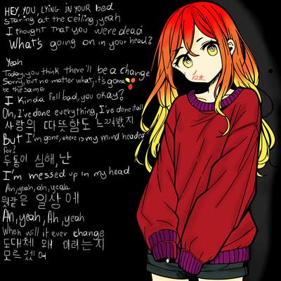 manga teen girl  in a sweater and baggy pants