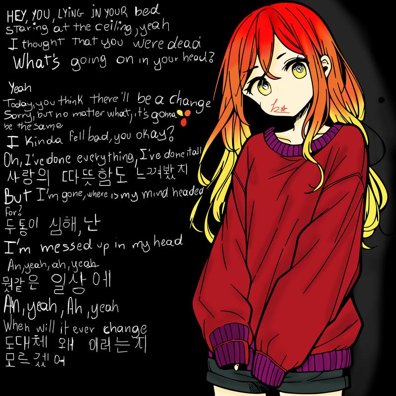 manga teen girl  in a sweater and baggy pants