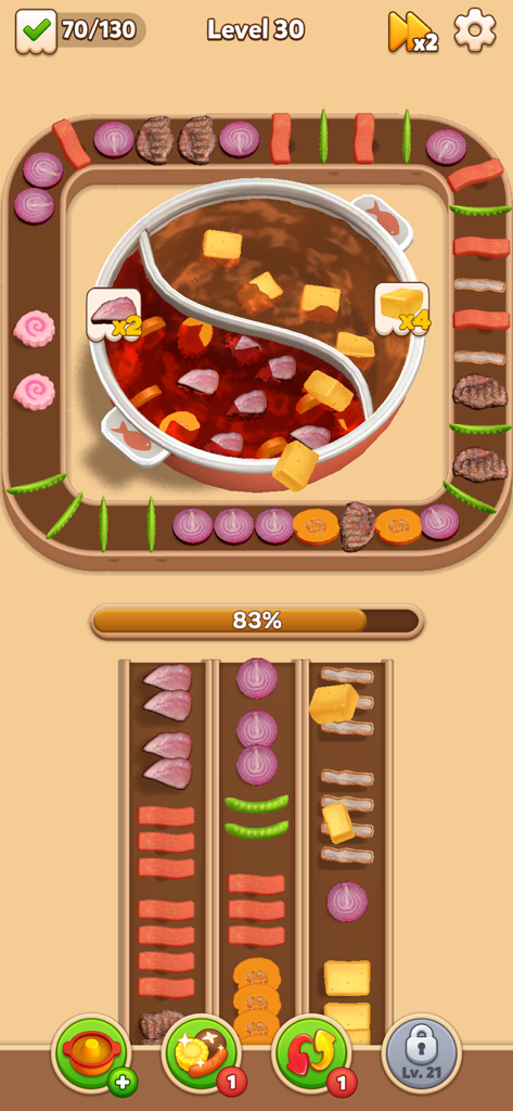 Gameplay screenshot of Hotpot Flow showing food ingredients on a conveyor belt surrounding a boiling hot pot during level 30