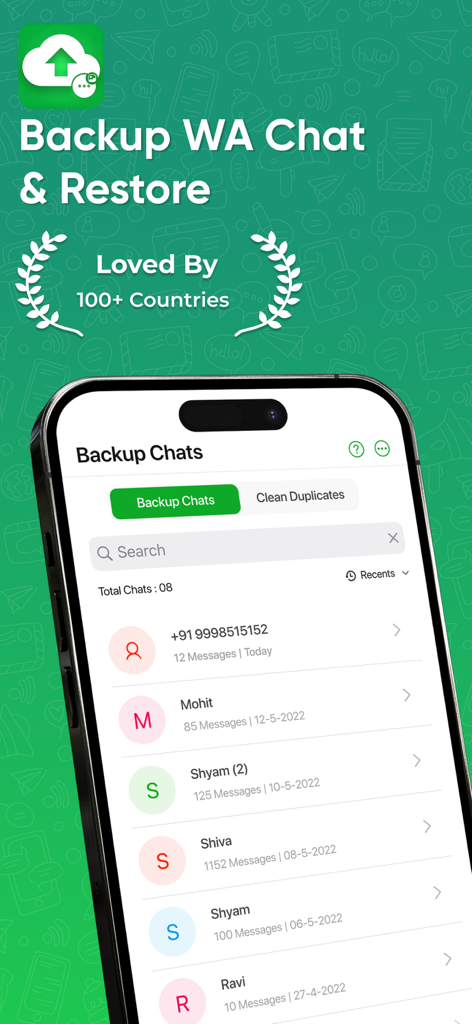 Backup my Chats & Photos - Captura de pantalla de la aplicación Copia de seguridad de mis chats que muestra una lista de conversaciones guardadas de WhatsApp y una función de búsqueda