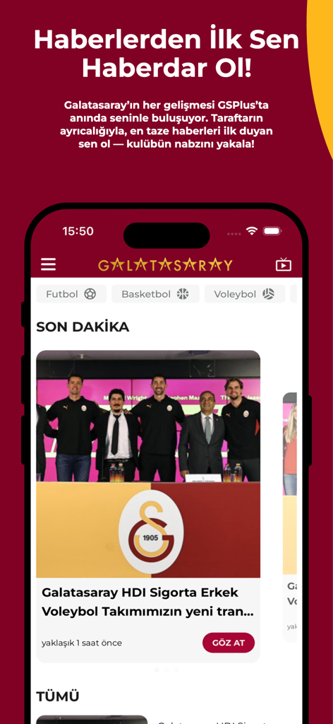 The news section of the GSPlus app showing breaking updates and sports categories for Galatasaray fans