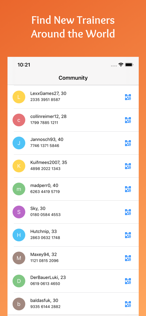 A list of Pokemon GO trainers with their levels and trainer codes in the PokeRaid community screen.