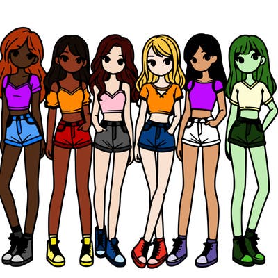 a group of girls wearing crop tops and shorts