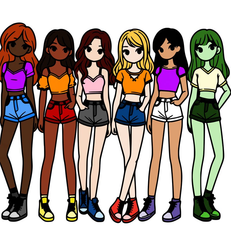 a group of girls wearing crop tops and shorts