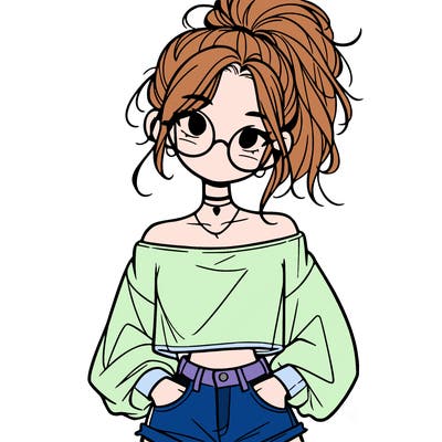 girl with a messy ponytail glasses a baggy crop top and jean shorts