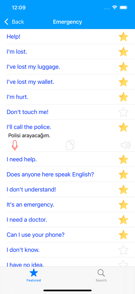 Eine Liste von englisch-türkischen Notfallphrasen für Reisende, einschließlich Übersetzungen für Hilfe und Polizei.