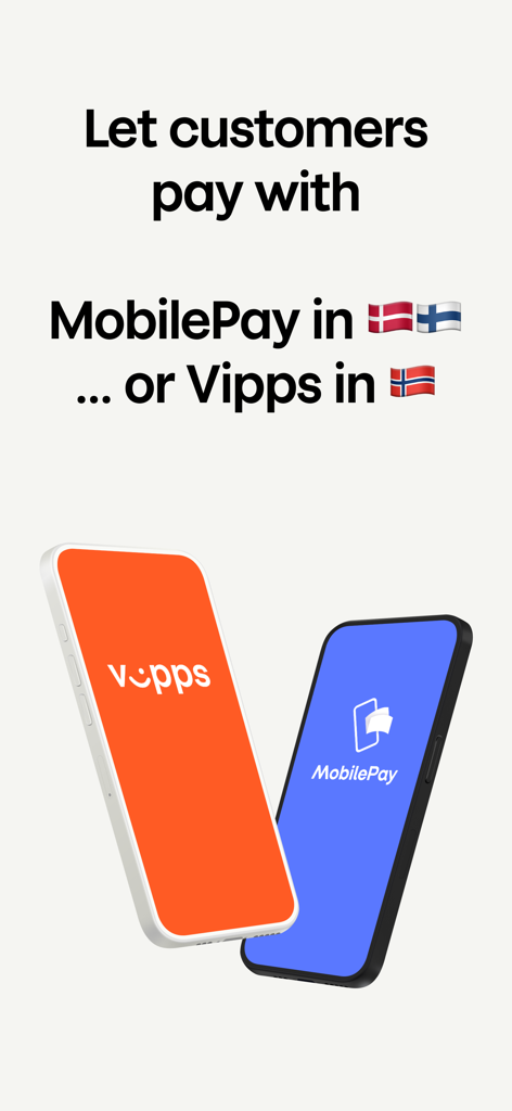 Get paid - by Vipps MobilePay - Two smartphones showing the Vipps and MobilePay logos for business payments in Norway Denmark and Finland