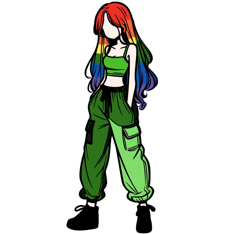 girl in baggy pants crop top and long hair