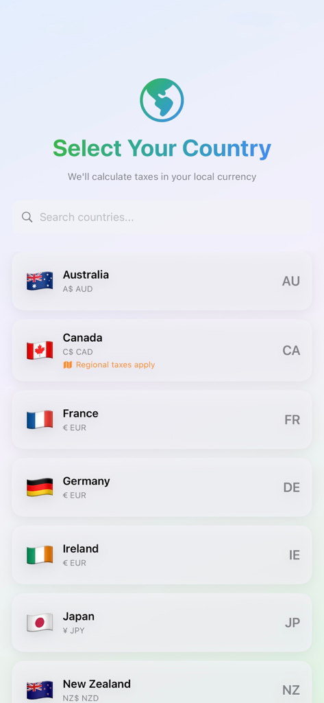 PaySense - Écran de l'application PaySense montrant une liste de pays pour la devise locale et les calculs d'impôts