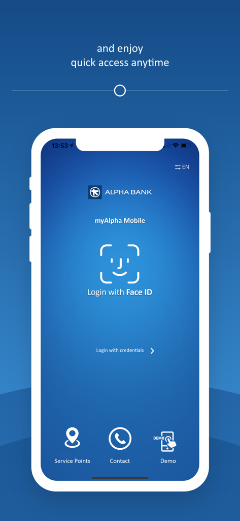 Écran de connexion de l'application mobile myAlpha avec authentification Face ID pour des opérations bancaires sécurisées