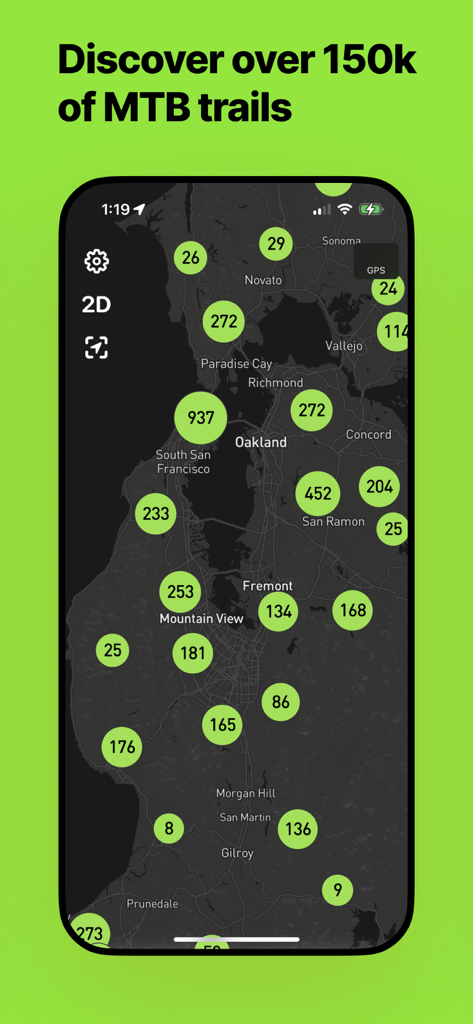 Bike Tracker: MTB Trails - 각 지역에서 이용 가능한 산악 자전거 트레일 수를 나타내는 녹색 거품이 있는 북부 캘리포니아 지도 인터페이스.