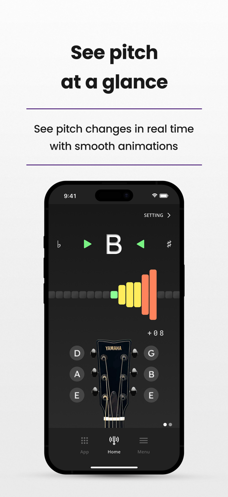 Yamaha Tuner app interface showing real time pitch changes and guitar headstock